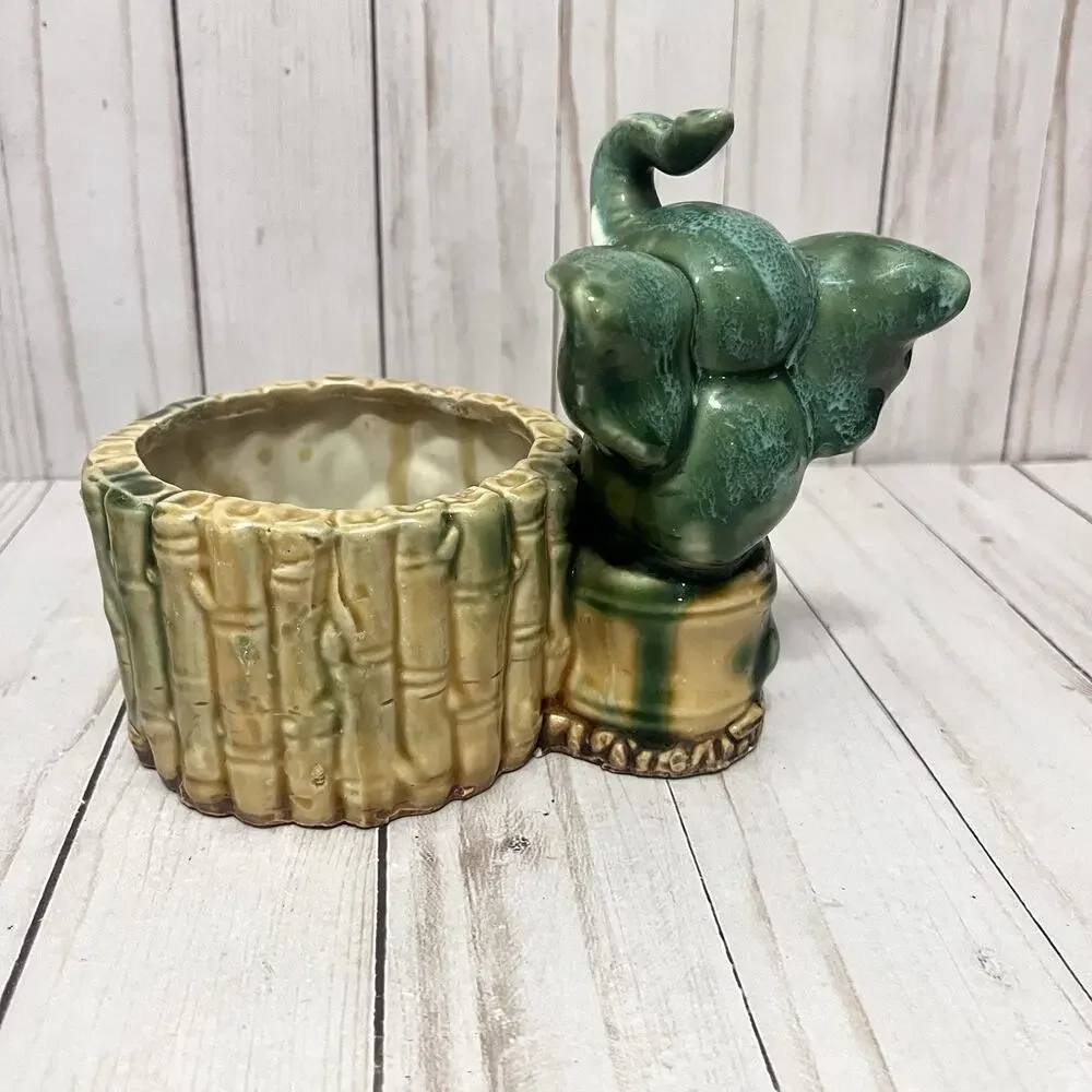 Vintage Ceramic Elephant Planter Green Glaze Bamboo Jungle MCM Kitsch 6”